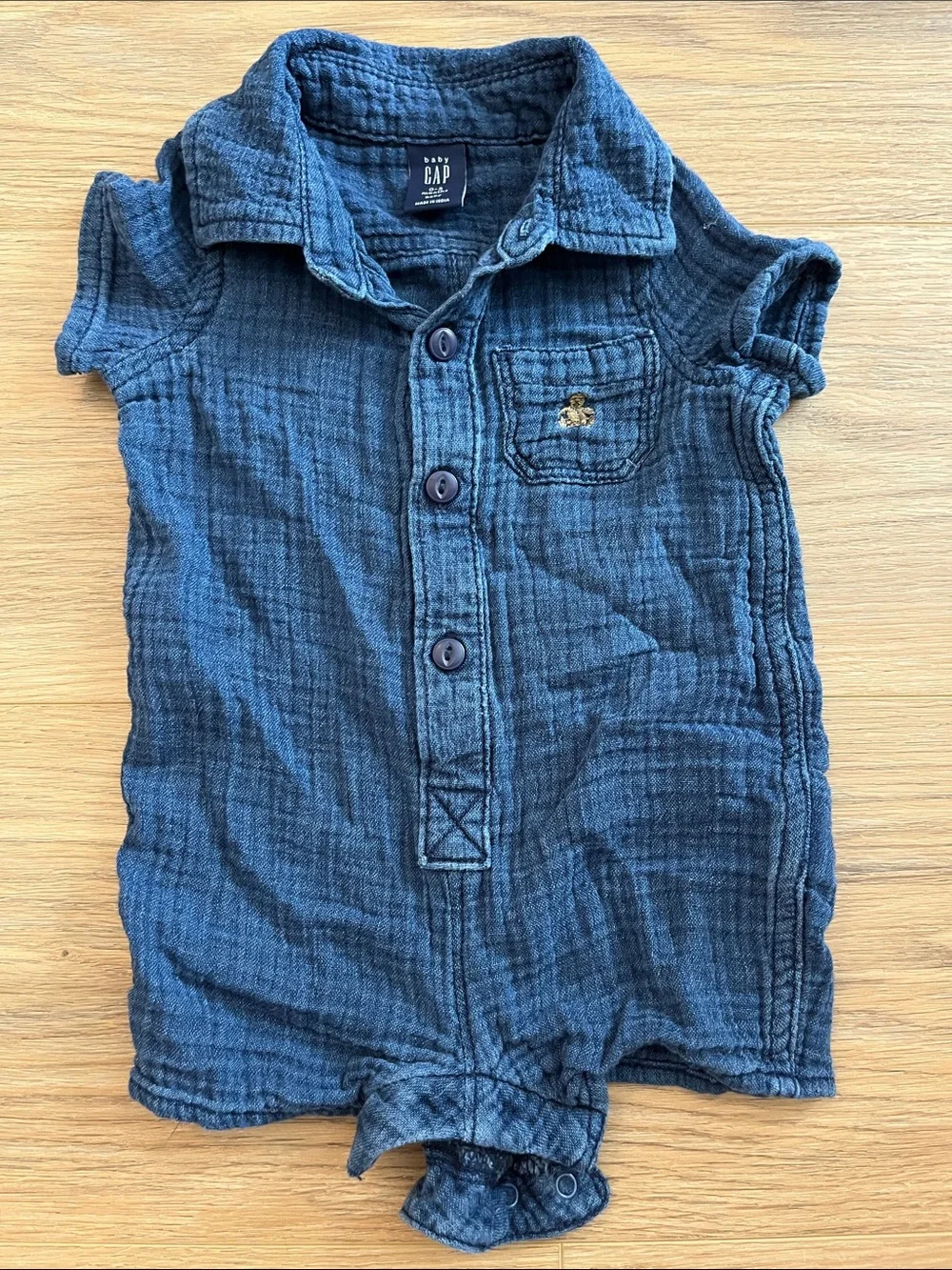 GAP Navy Blue Gauze Button Romper with Teddy Bear 🧸 Pocket Embroidery